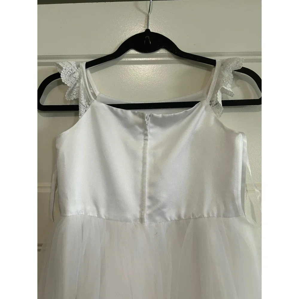 David's Bridal Tulle Dress Girls White Lace Sleeve Flower Girl 8